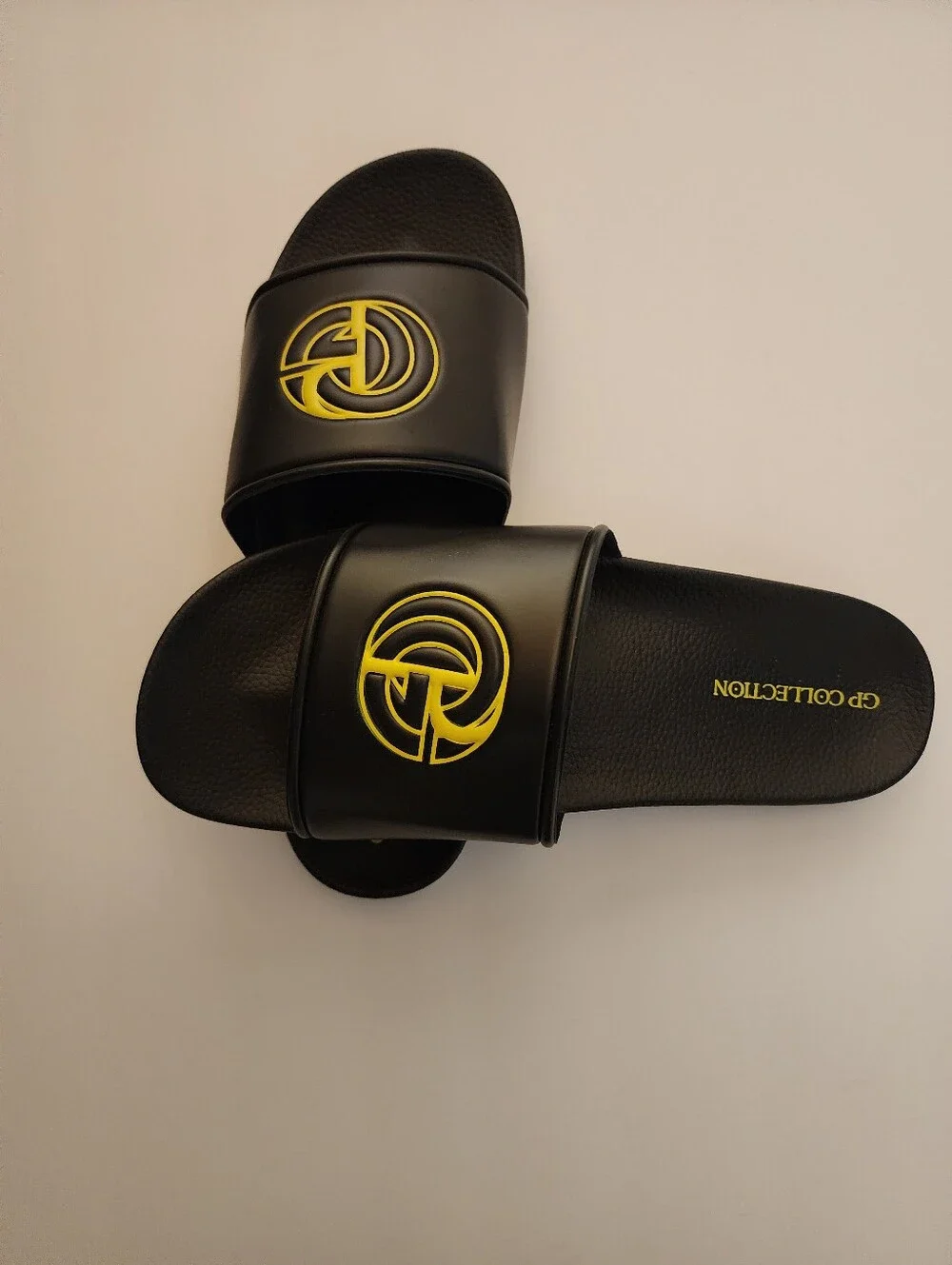 GP Collection Italian  Black Slide Sandals with Yellow Logo